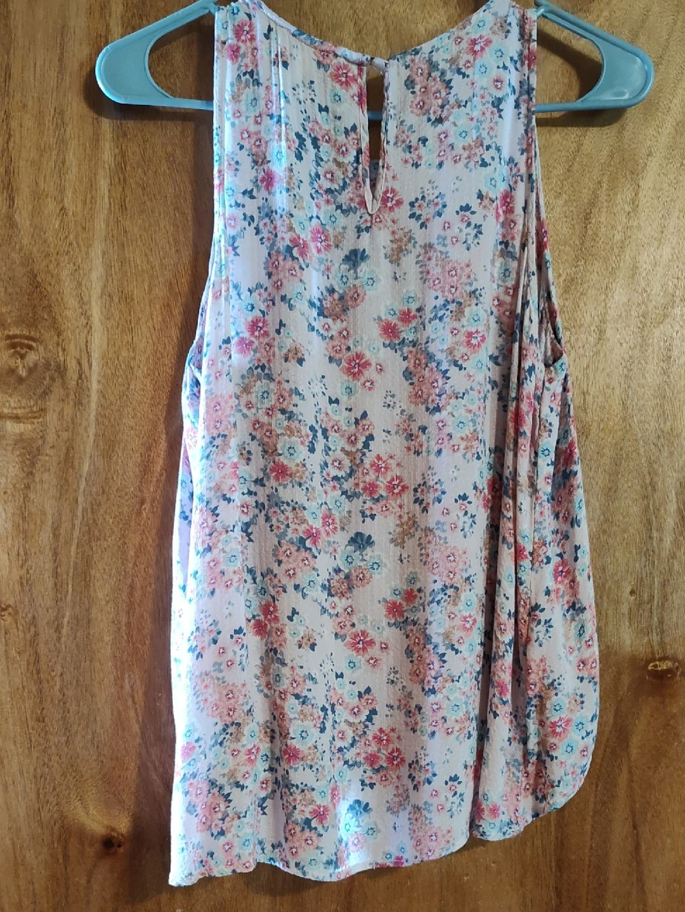 Monteau Los Angeles Layered Sleeveless Blouse Blush Pink Aqua Ditsy Floral Med - Picture 6 of 11